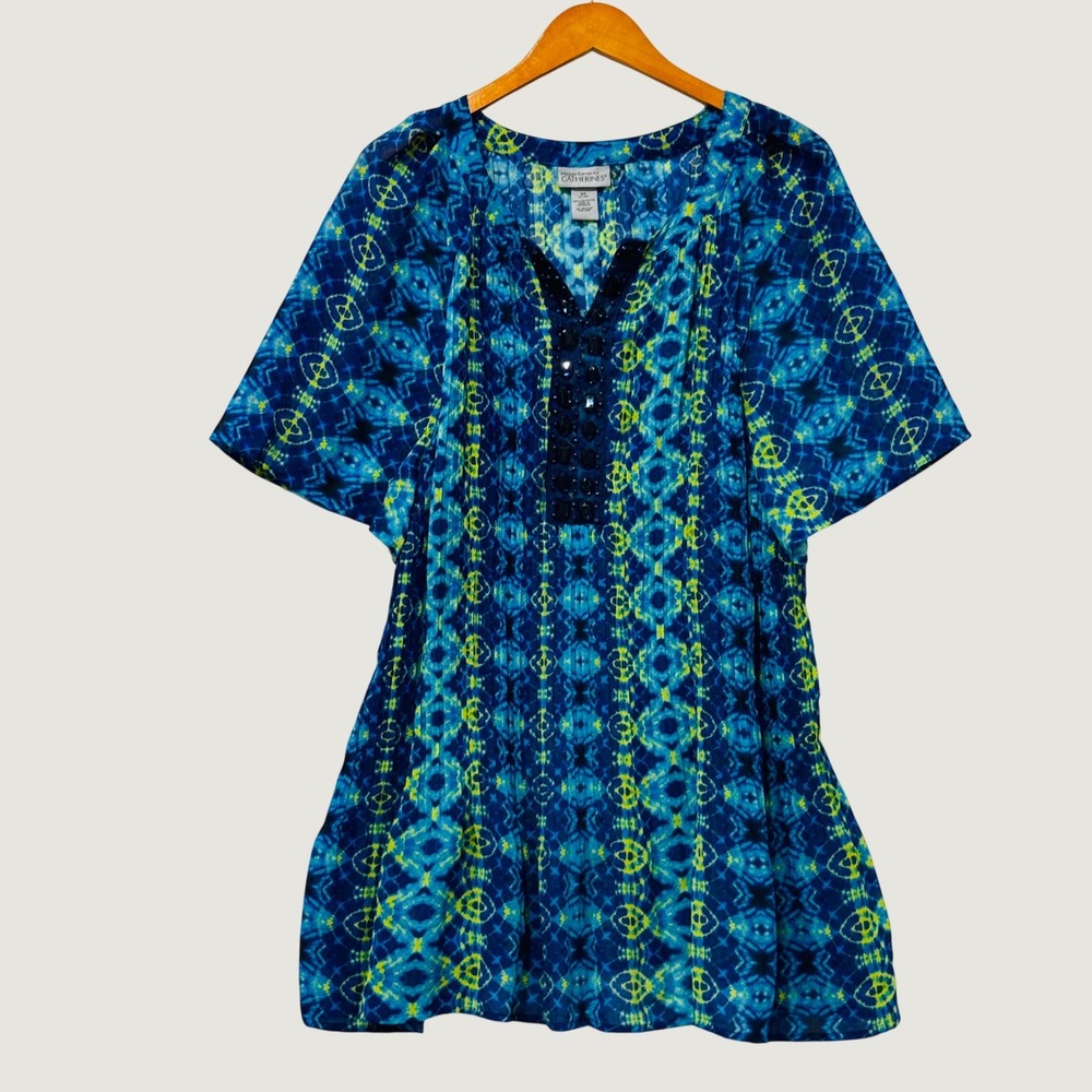 Catherines Tunic Top Womens 3X Blue Yellow Tie Dye Beaded Pleated